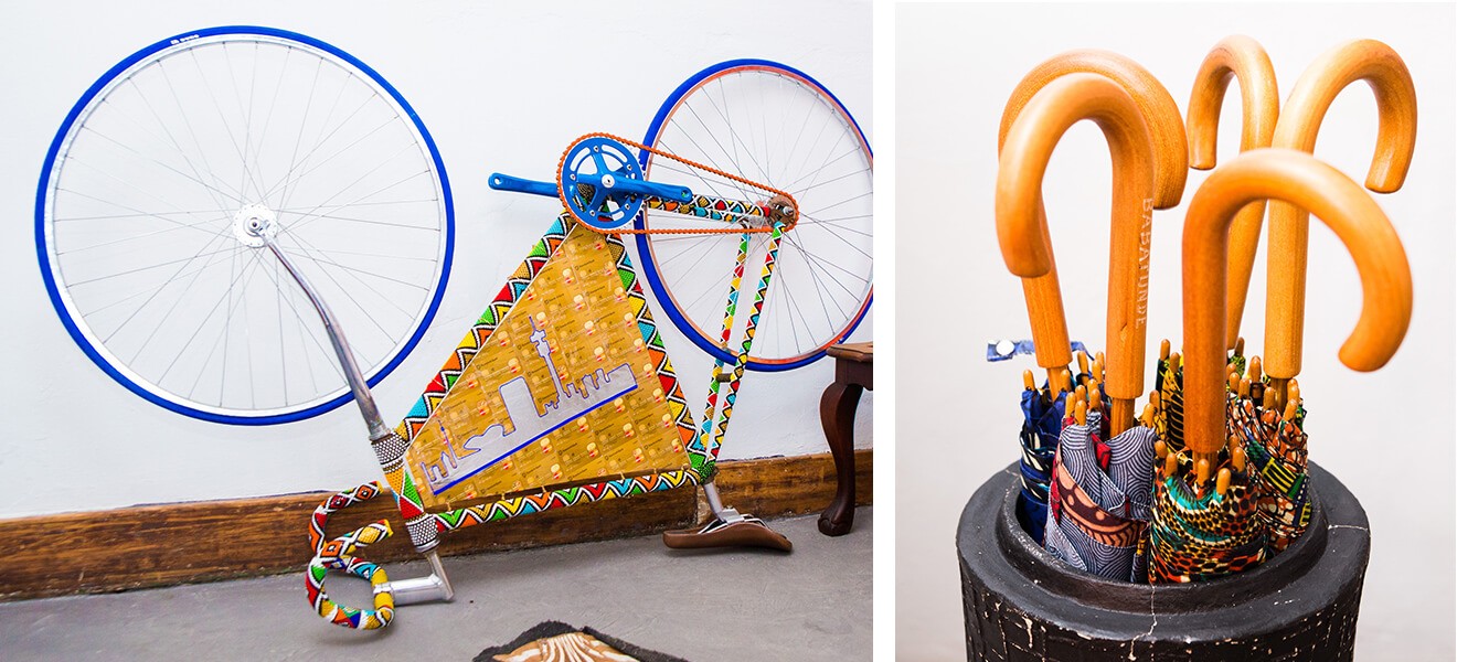 The STUURman Bike is a sculpture Trevor created in collaboration with his grandmother and a local artisan named Nutcase for Standard Bank’s #SBNexibition, an online exhibition that ran earlier this year. The umbrellas are by Babatunde. The STUURman Bike is a sculpture Trevor created in collaboration with his grandmother and a local artisan named Nutcase for Standard Bank’s #SBNexibition, an online exhibition that ran earlier this year. The umbrellas are by Babatunde.